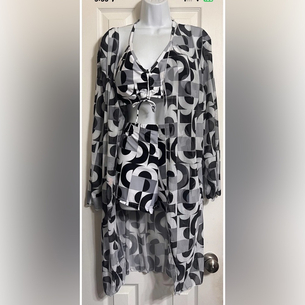 3 PC Black & White Geometric Swim Bikini Set Cover-Up Plus Size XXL NEW NWOT